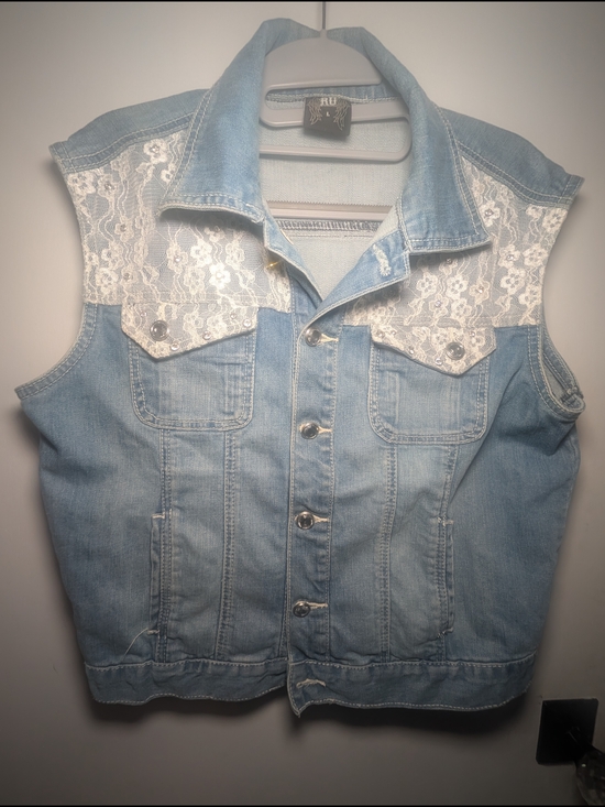 RU Apparel Jackets & Blazers - Western Boho Aesthetic Light Wash Denim Vest with White Lace Accents